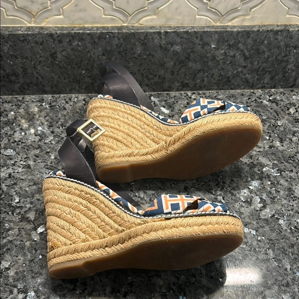 Tory Burch Navy & Orange Geometric Espadrille Wedge Sandals